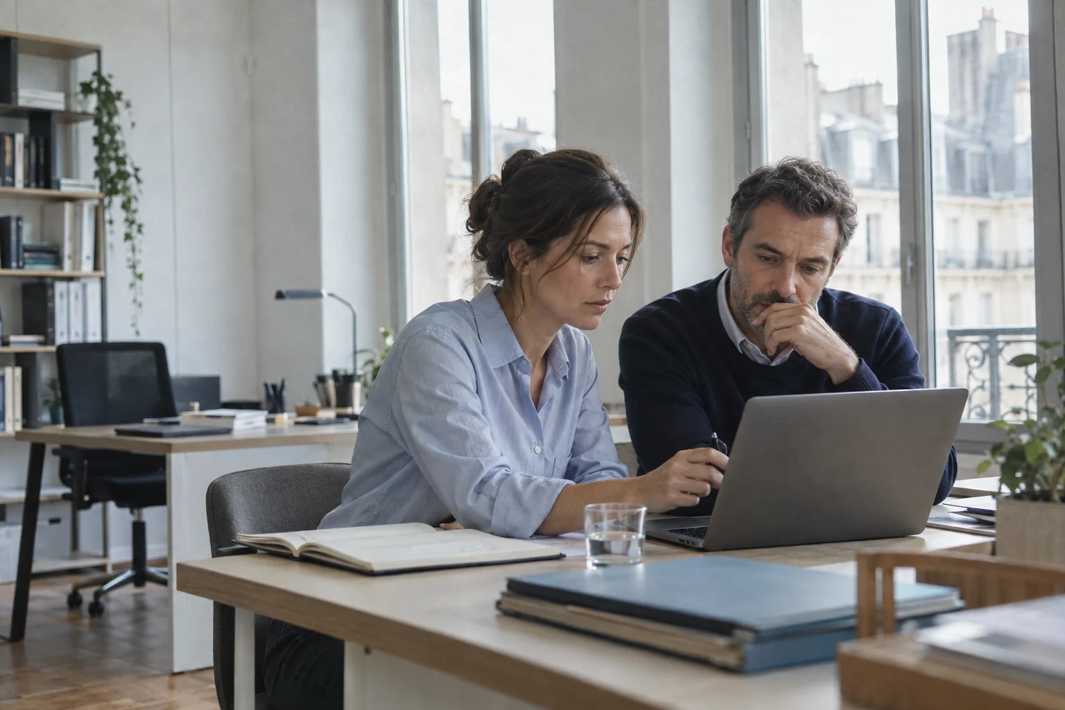 Deux collègues étudient un projet sur ordinateur dans un bureau.