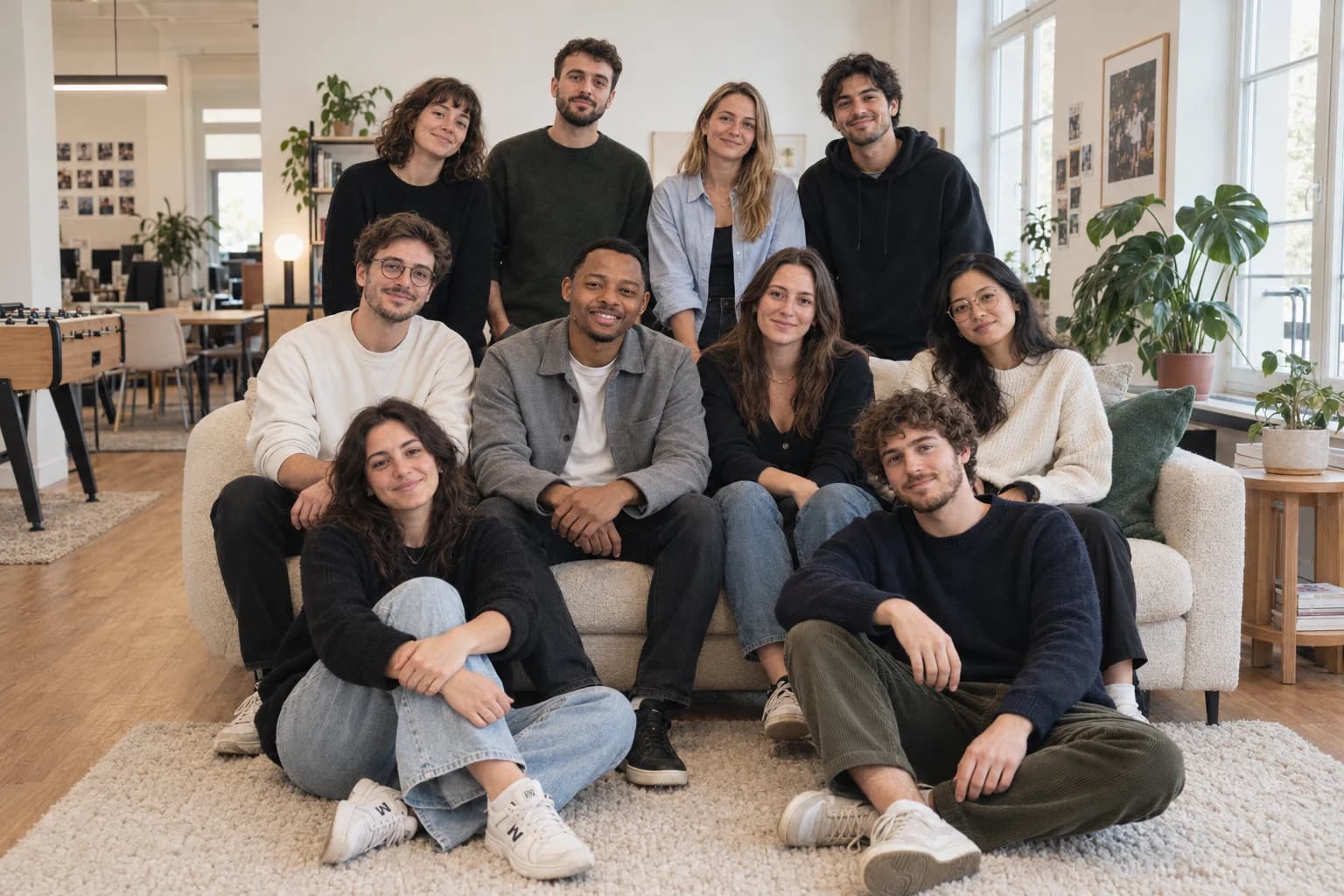 Portrait de groupe : Espoir Mwami et neuf collègues dans un espace de travail convivial.