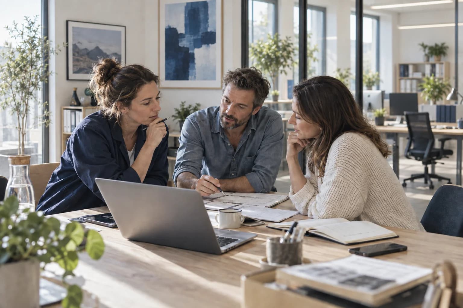 Trois collègues échangent autour d’un projet dans un bureau lumineux.