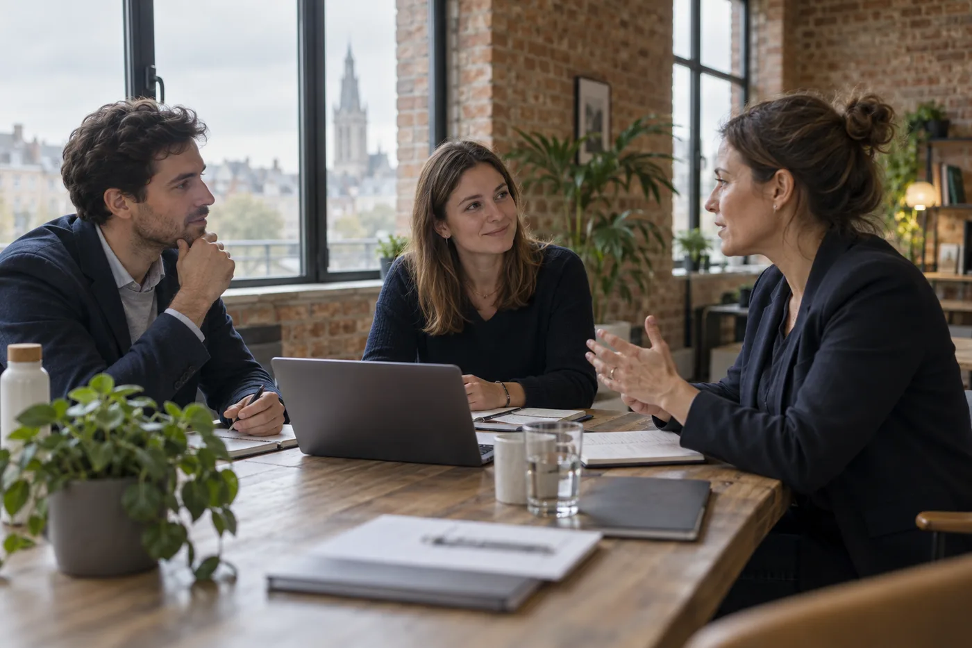 Un échange de travail entre une dirigeante et des consultants dans un bureau en briques