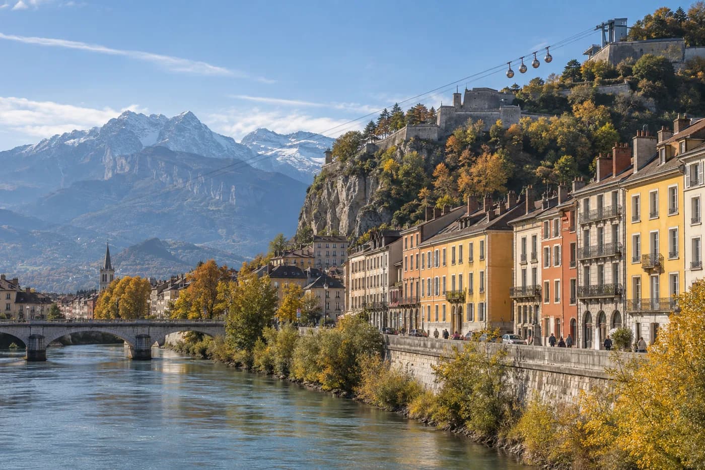 Les quais de l’Isère et la Bastille, Grenoble.