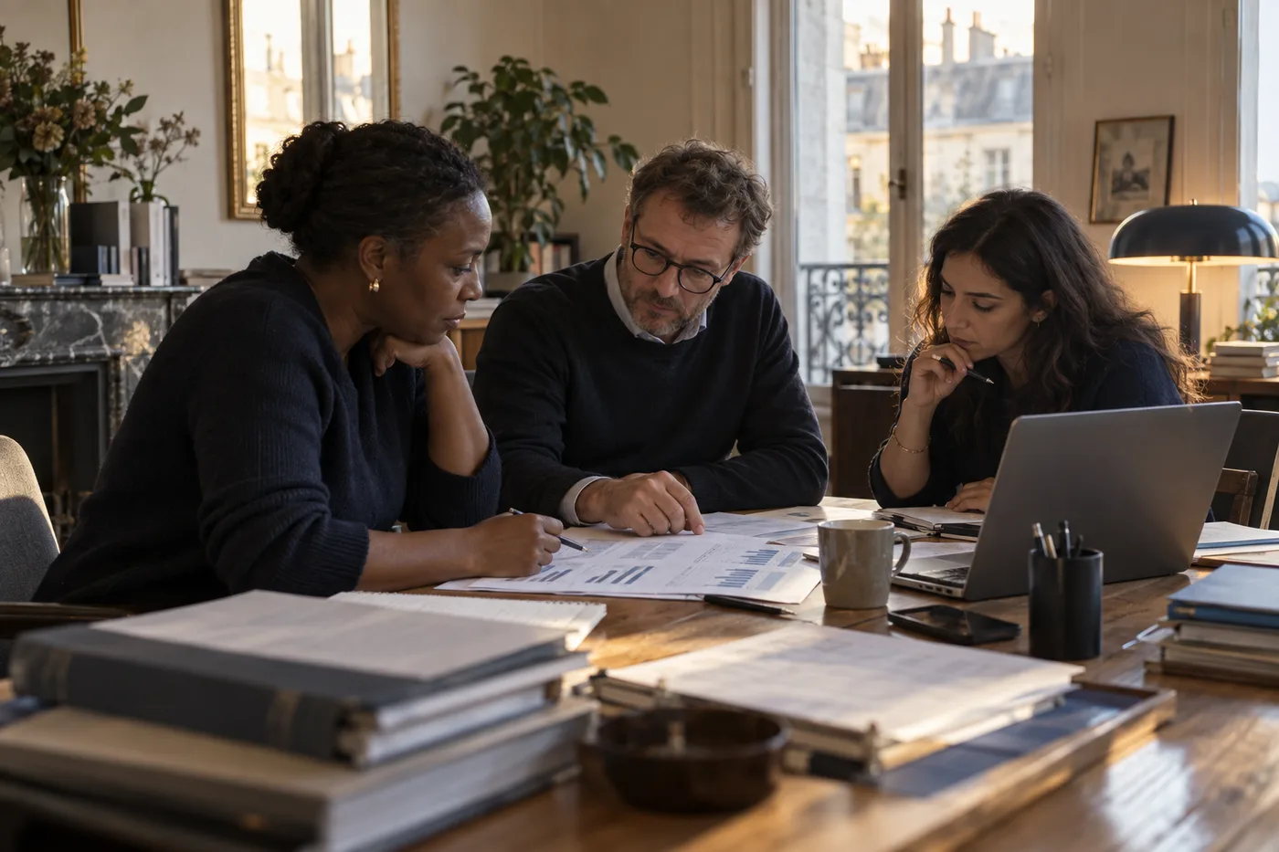 Une équipe échange autour de dossiers financiers.