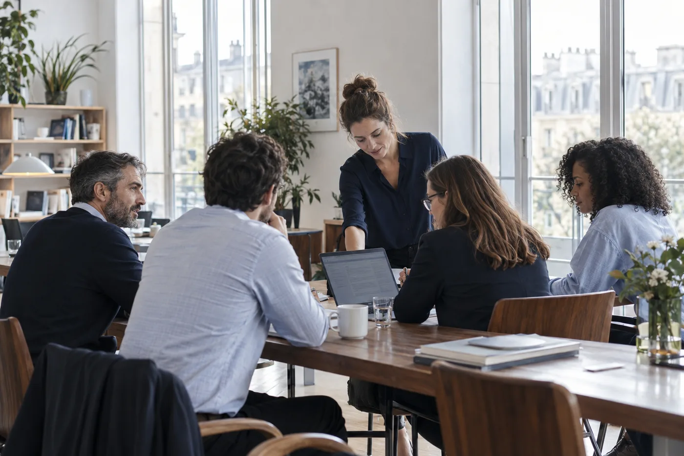Une équipe apprend ensemble autour de ses outils pendant un atelier en bureau.