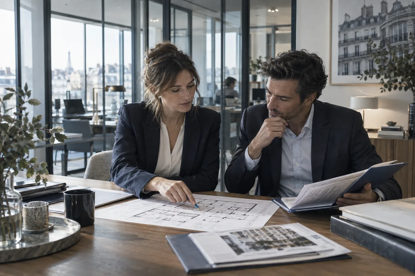 Une équipe travaille sur ses dossiers dans un bureau du secteur immobilier.