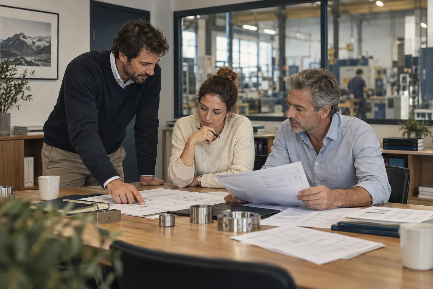 Une équipe travaille sur ses dossiers dans un bureau du secteur industrie.