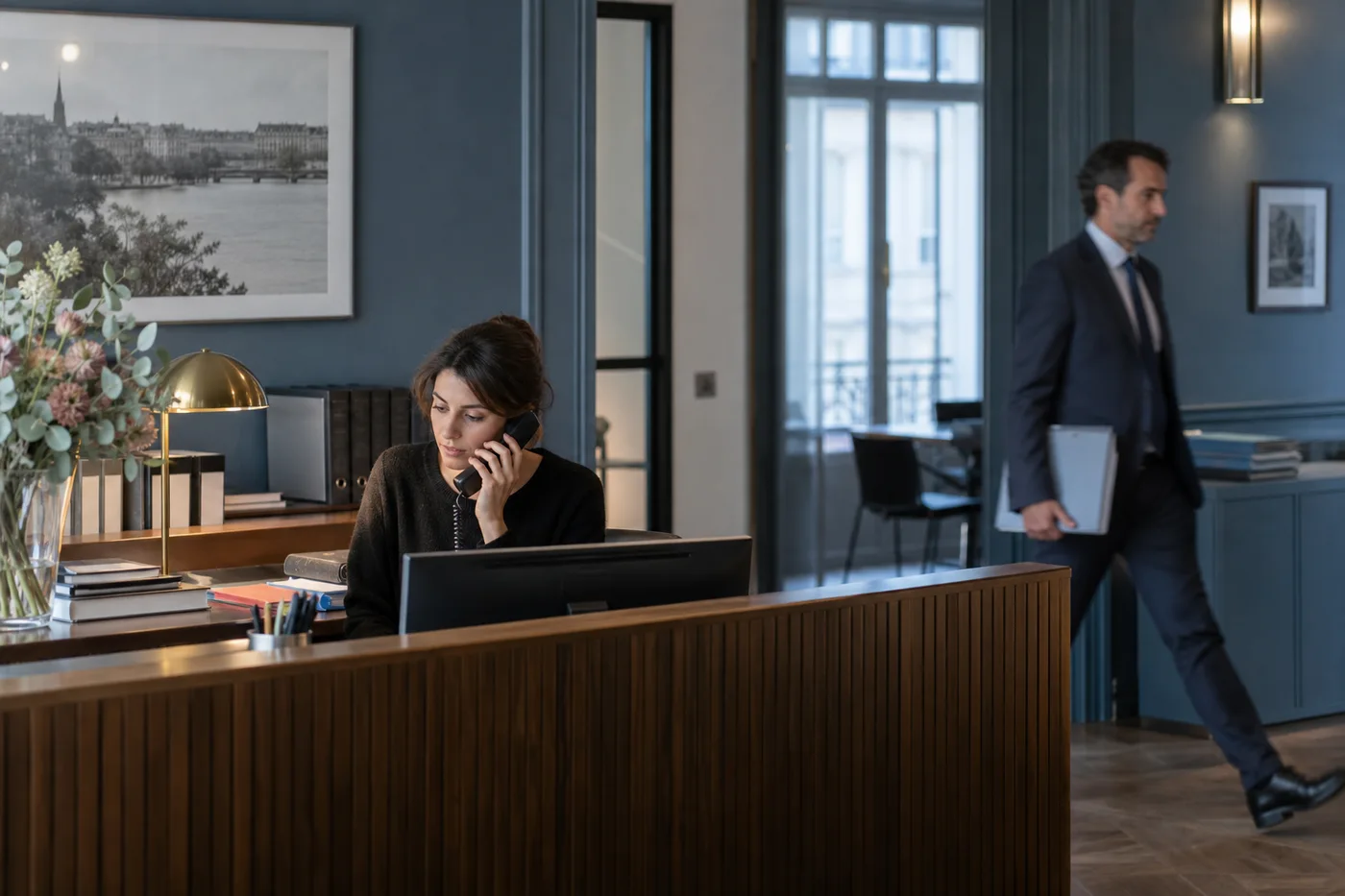 Une assistante répond au téléphone à l’accueil d’un cabinet aux boiseries sombres