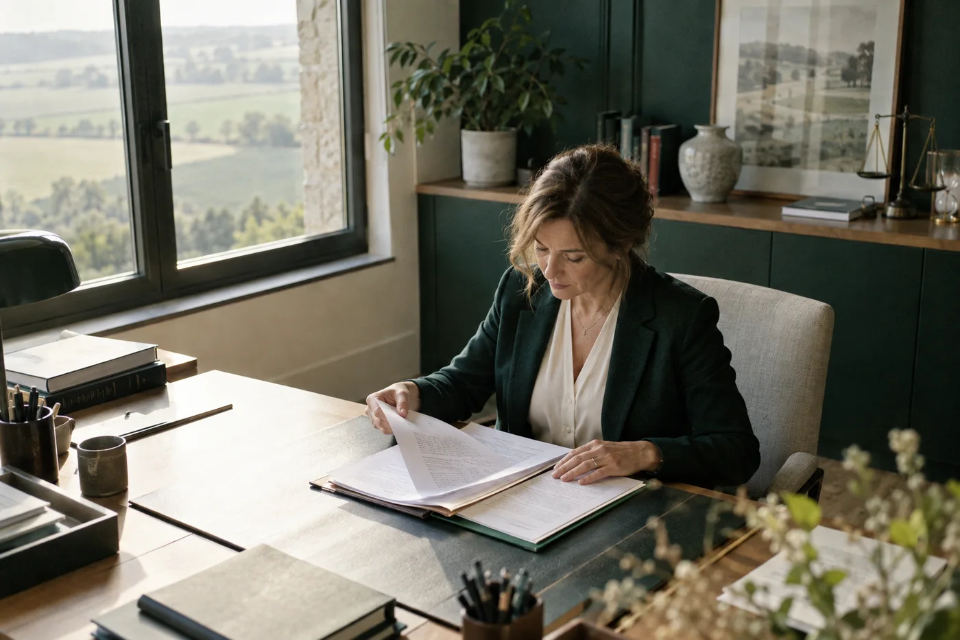 Une juriste examine un contrat dans un bureau calme ouvert sur un paysage verdoyant