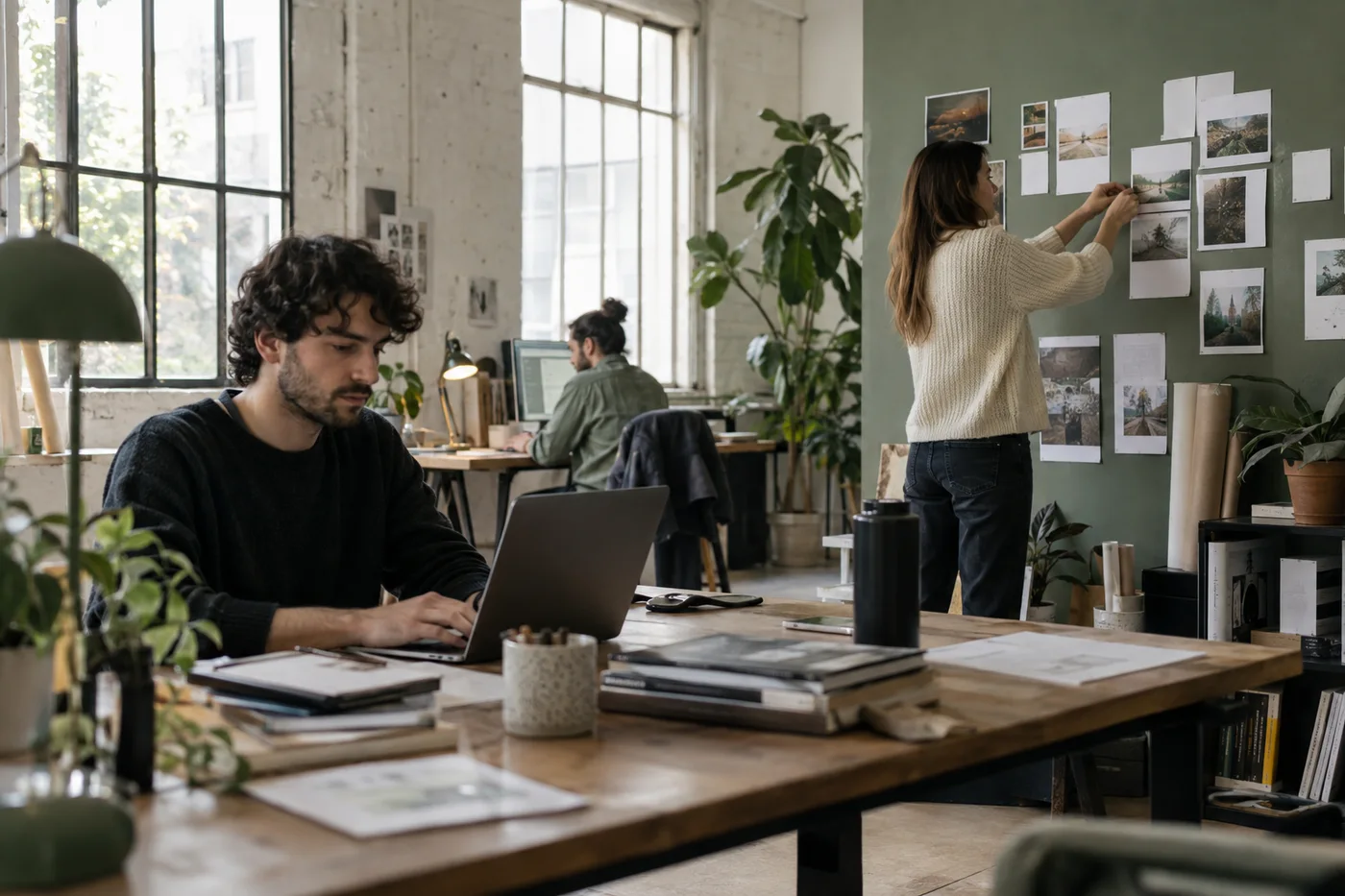 Une équipe marketing organise ses contenus dans un studio lumineux aux tons sauge