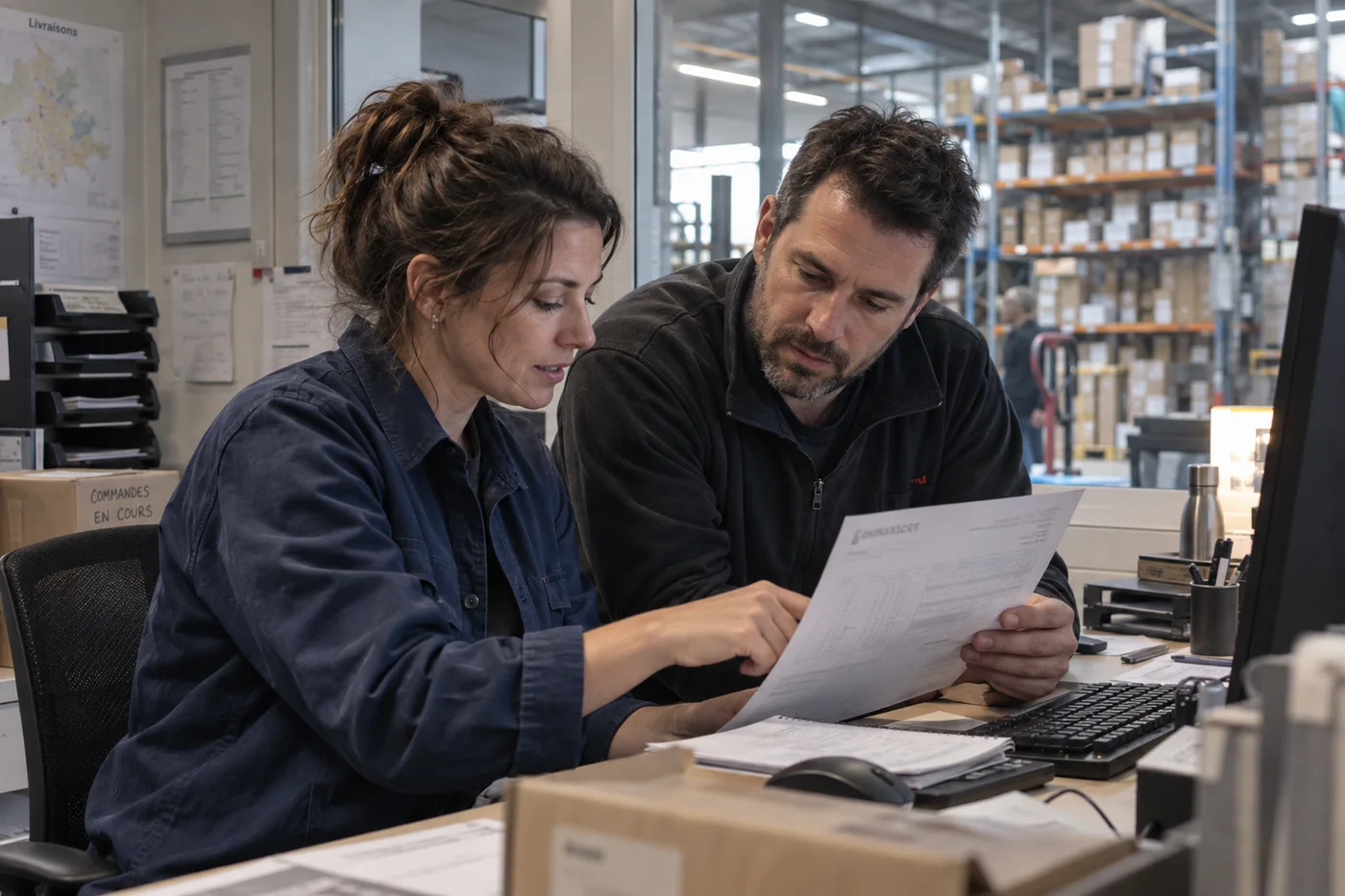 Deux collègues du back-office traitent une livraison près d’un entrepôt