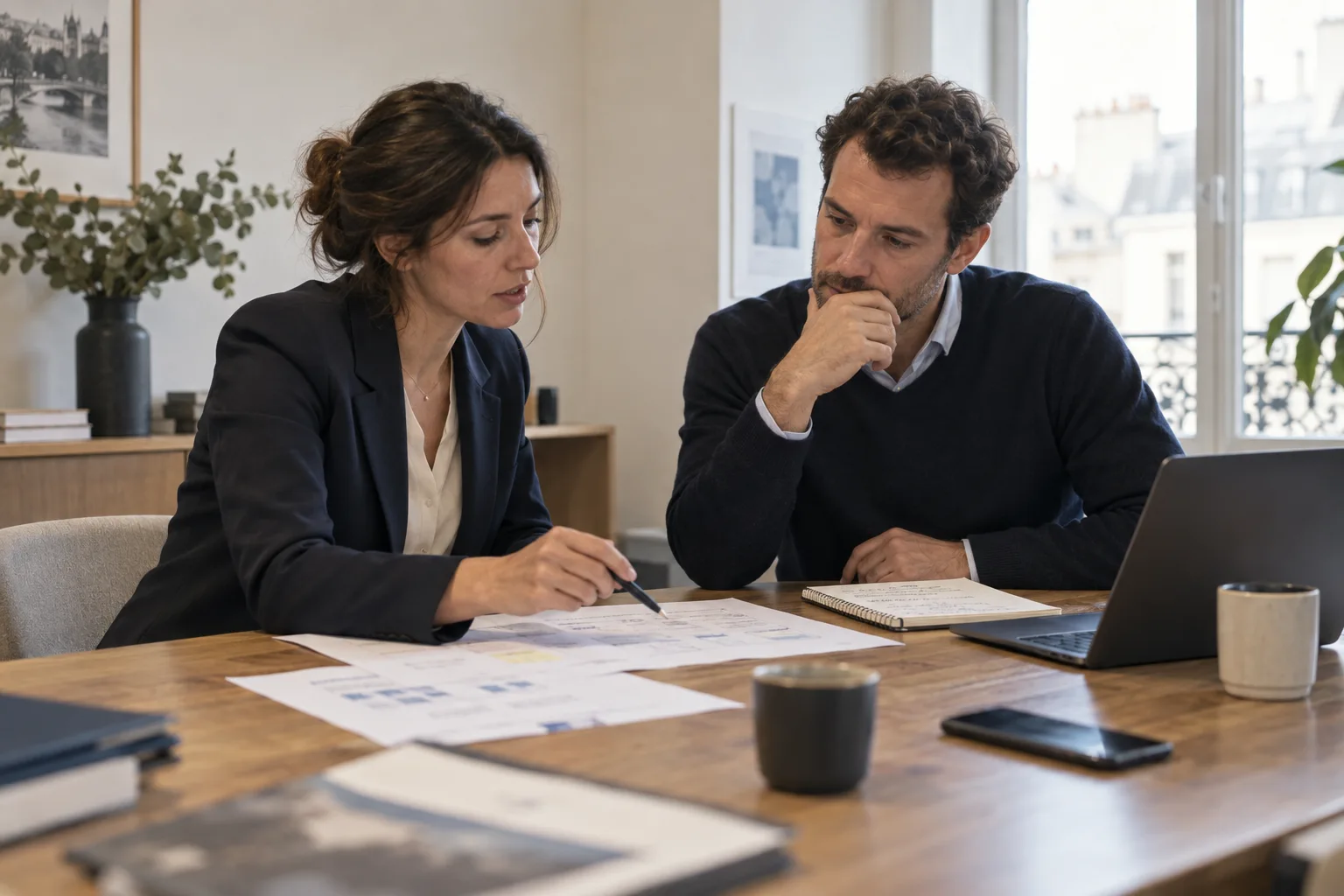 Une consultante et un dirigeant échangent sur leurs priorités dans un bureau.