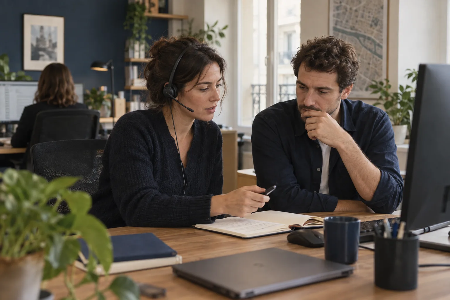 Des conseillers travaillent dans un espace de support client lumineux
